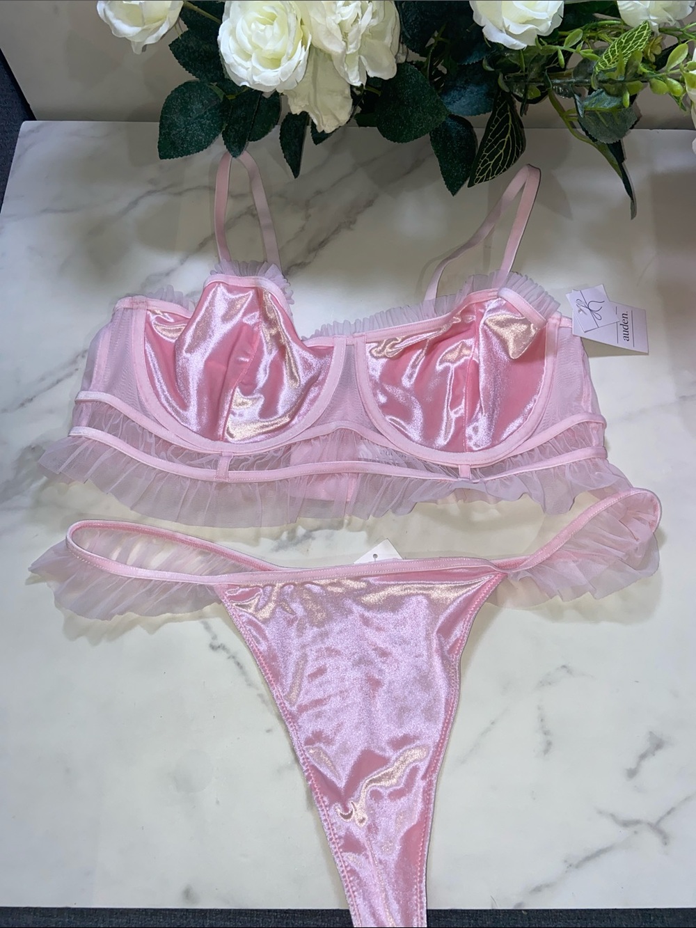 Auden Sheer Ruffle Underwire Bralette & Thong Set Light Pink Size XL